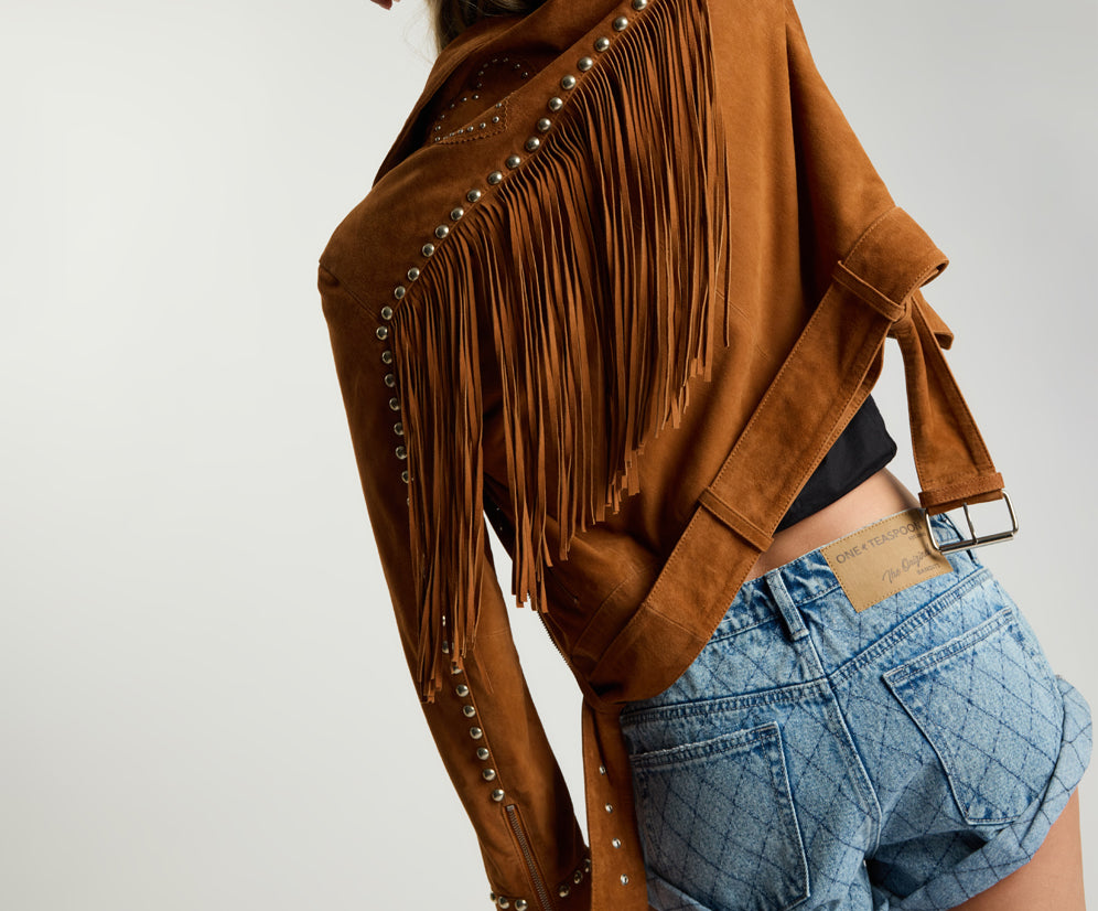 Whiskey Fringed Studded Suede Jacket - Brown
