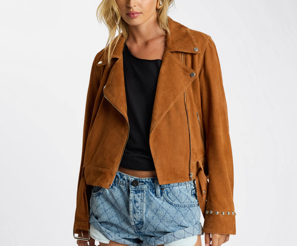 Whiskey Fringed Studded Suede Jacket - Brown