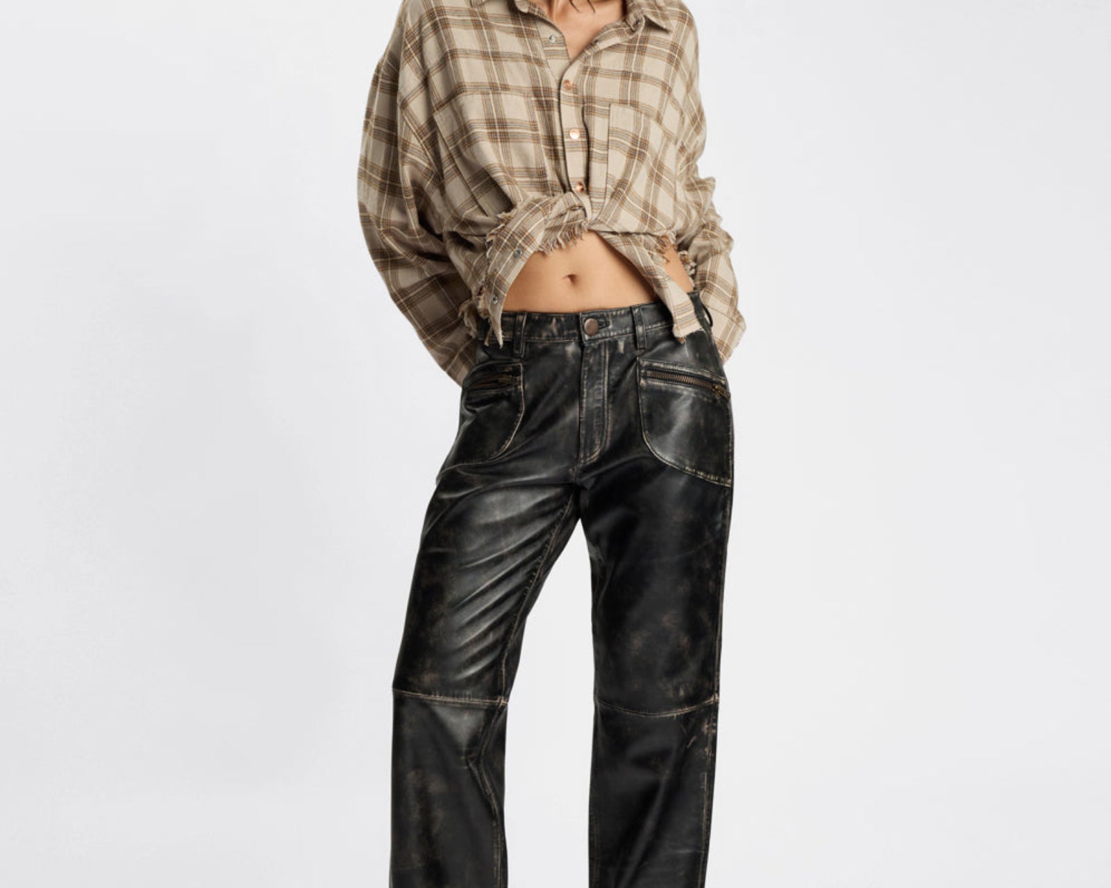 Atlas Carrot Leg Mid Waist Leather Pants - Worn Black