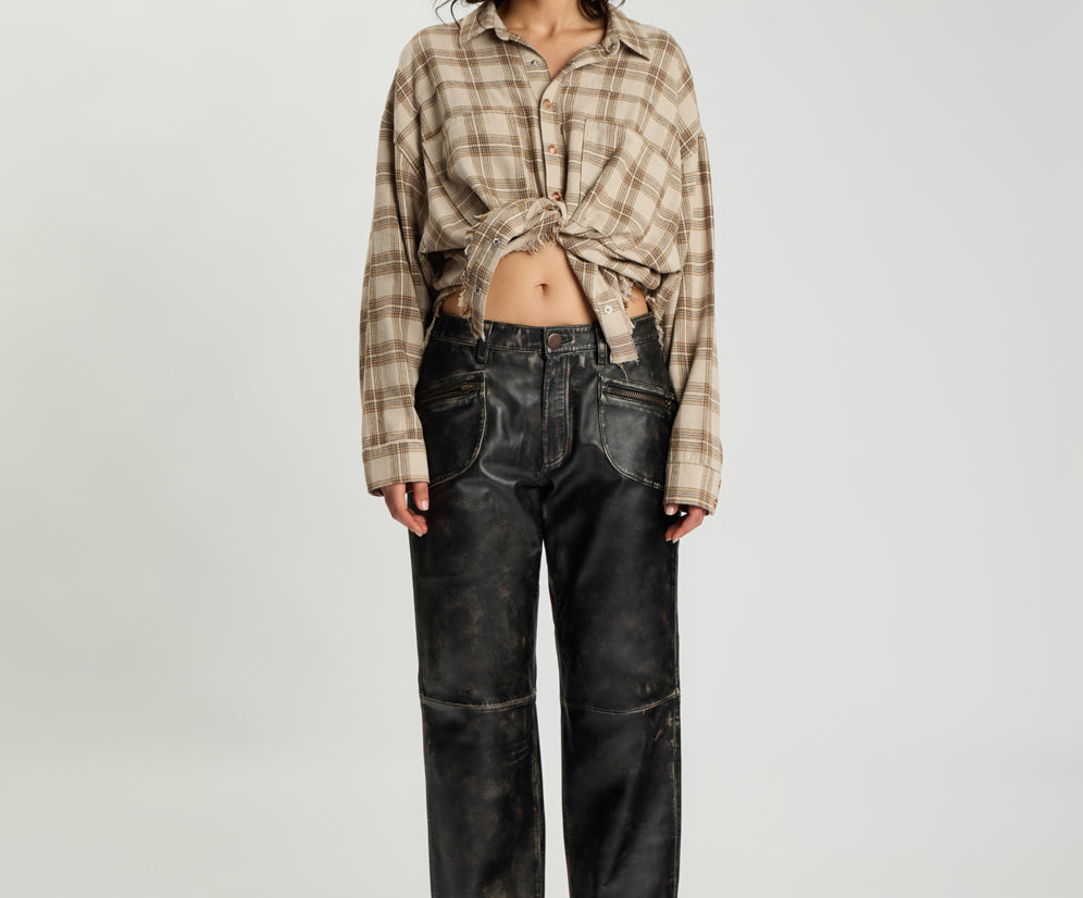 Atlas Carrot Leg Mid Waist Leather Pants - Worn Black