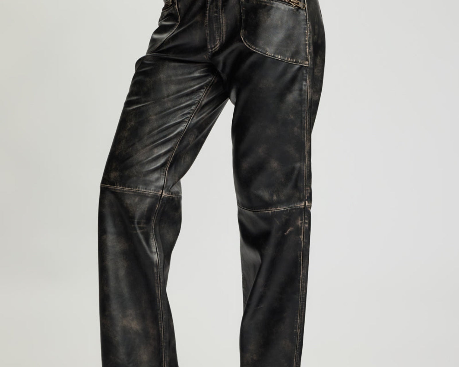Atlas Carrot Leg Mid Waist Leather Pants - Worn Black