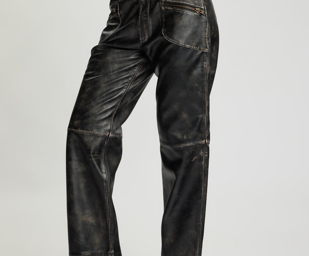 Atlas Carrot Leg Mid Waist Leather Pants - Worn Black