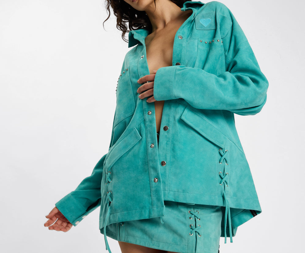 Cross My Heart Laced Suede Jacket - Mint Green