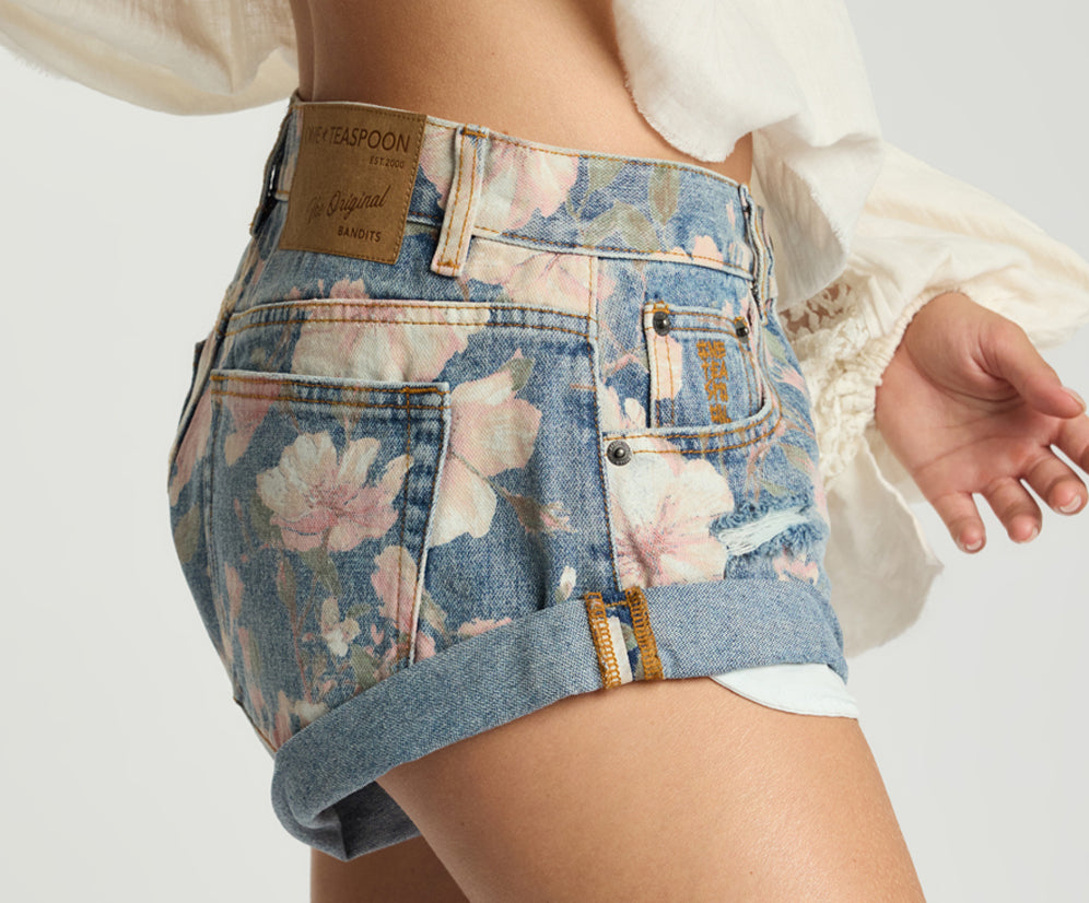 Bandits Low Waist Denim Shorts - Floral Bloom Cobaine Blue