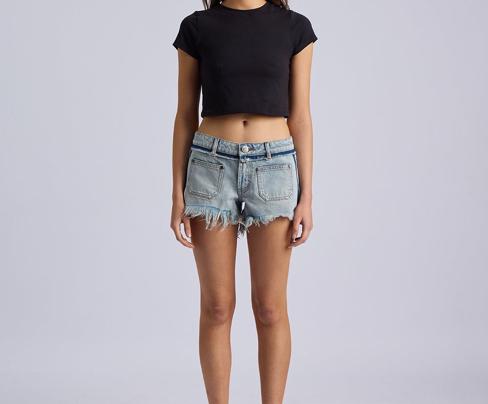 Retro Dukes Low Waist Mini Denim Shorts - Split Party Contrast Blue