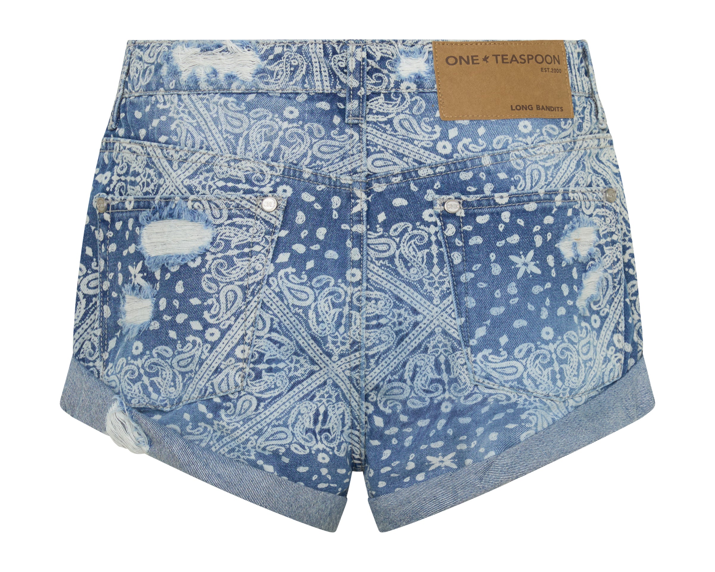 Long Bandits Low Waist Denim Shorts - Aegean Paisley Blue