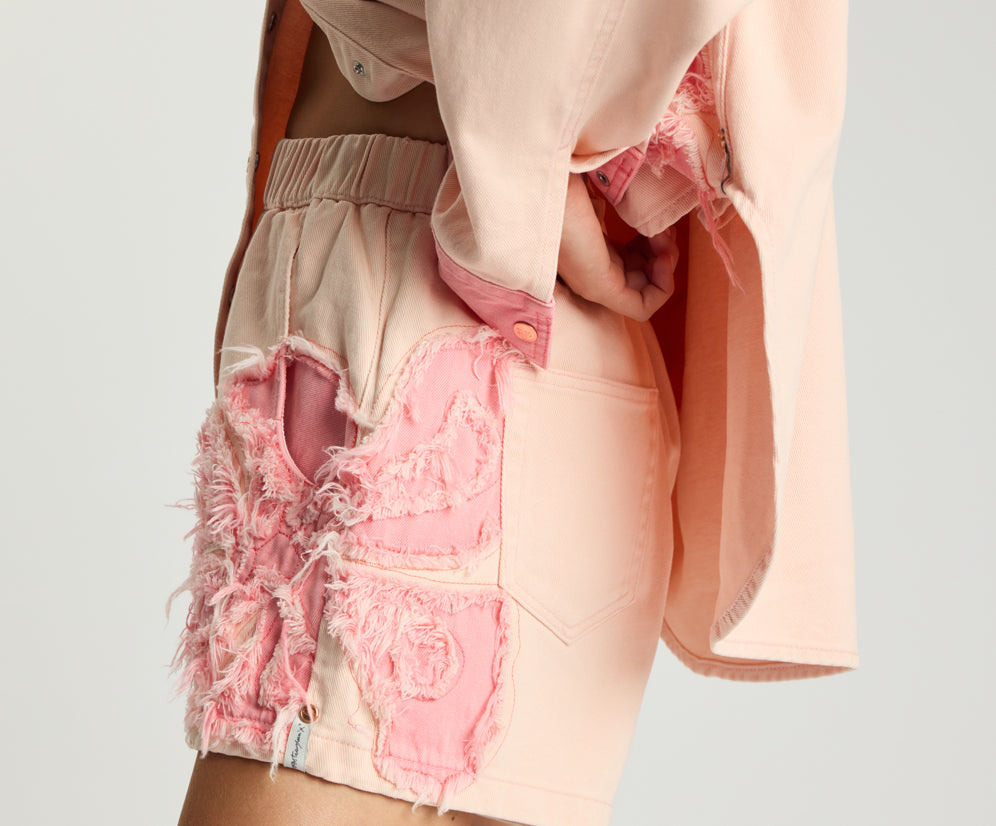 Funks High Waist Frayed Elasticated Flippy Denim Shorts - Pink Petal