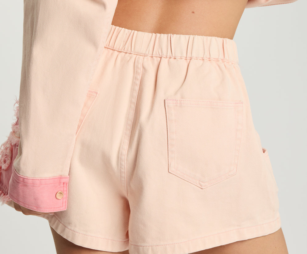 Funks High Waist Frayed Elasticated Flippy Denim Shorts - Pink Petal