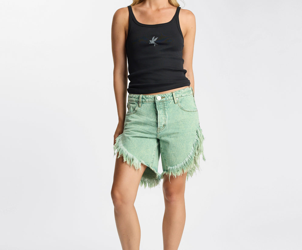 Frankies Low Waist Long Length Denim Shorts - Seaglass Green