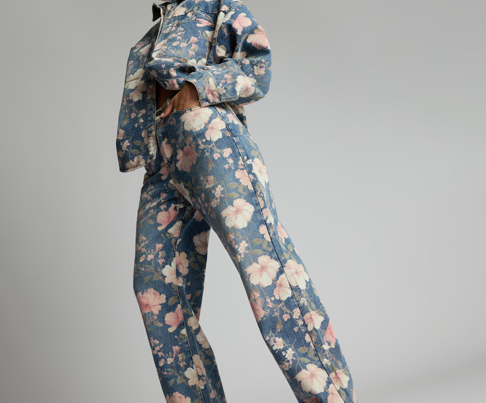 Icon High Waist Straight Leg Denim Jeans - Floral Bloom Cobaine Blue