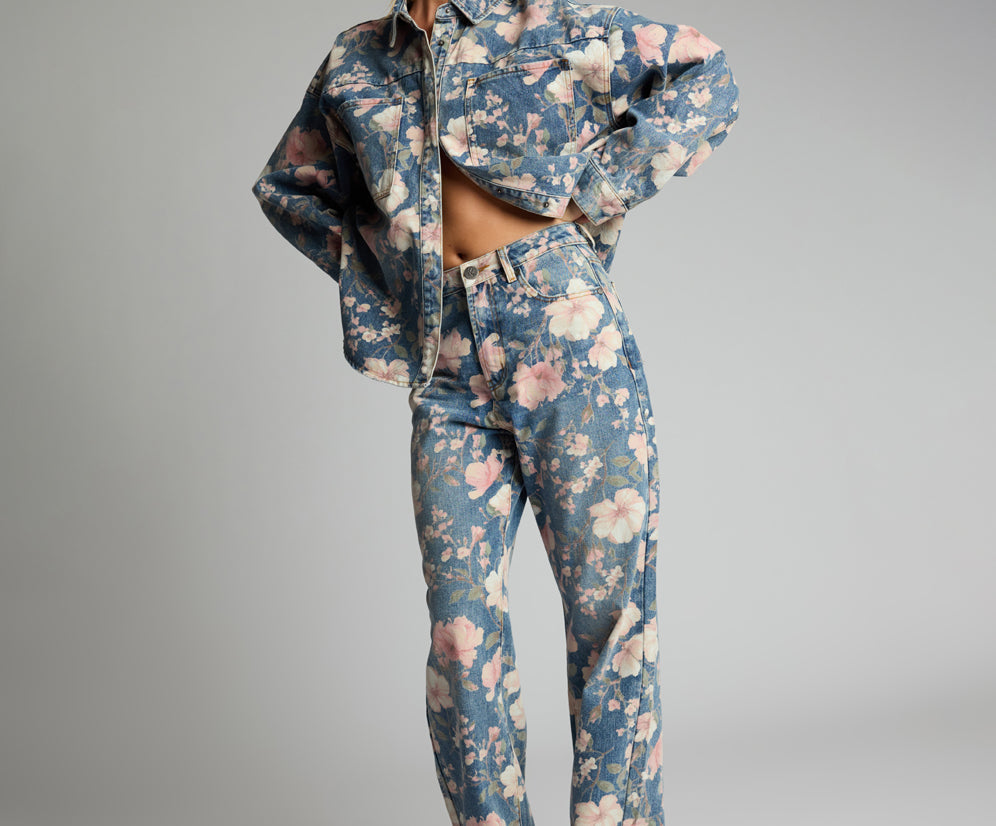 Icon High Waist Straight Leg Denim Jeans - Floral Bloom Cobaine Blue