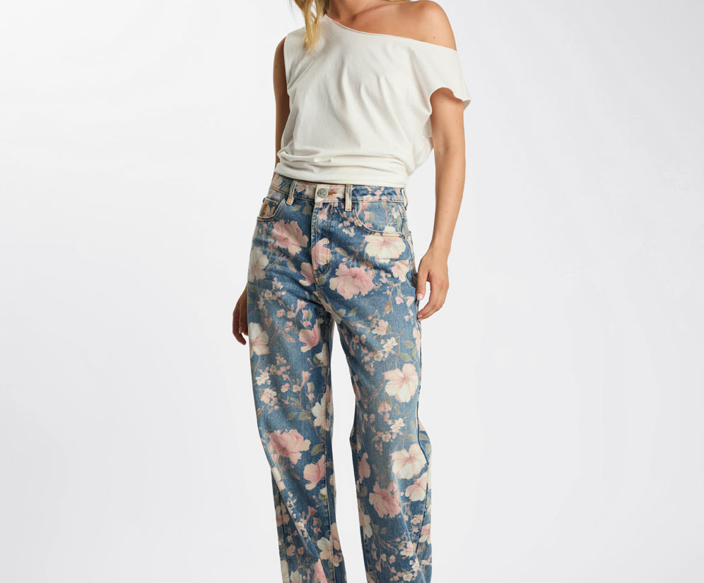 Icon High Waist Straight Leg Denim Jeans - Floral Bloom Cobaine Blue