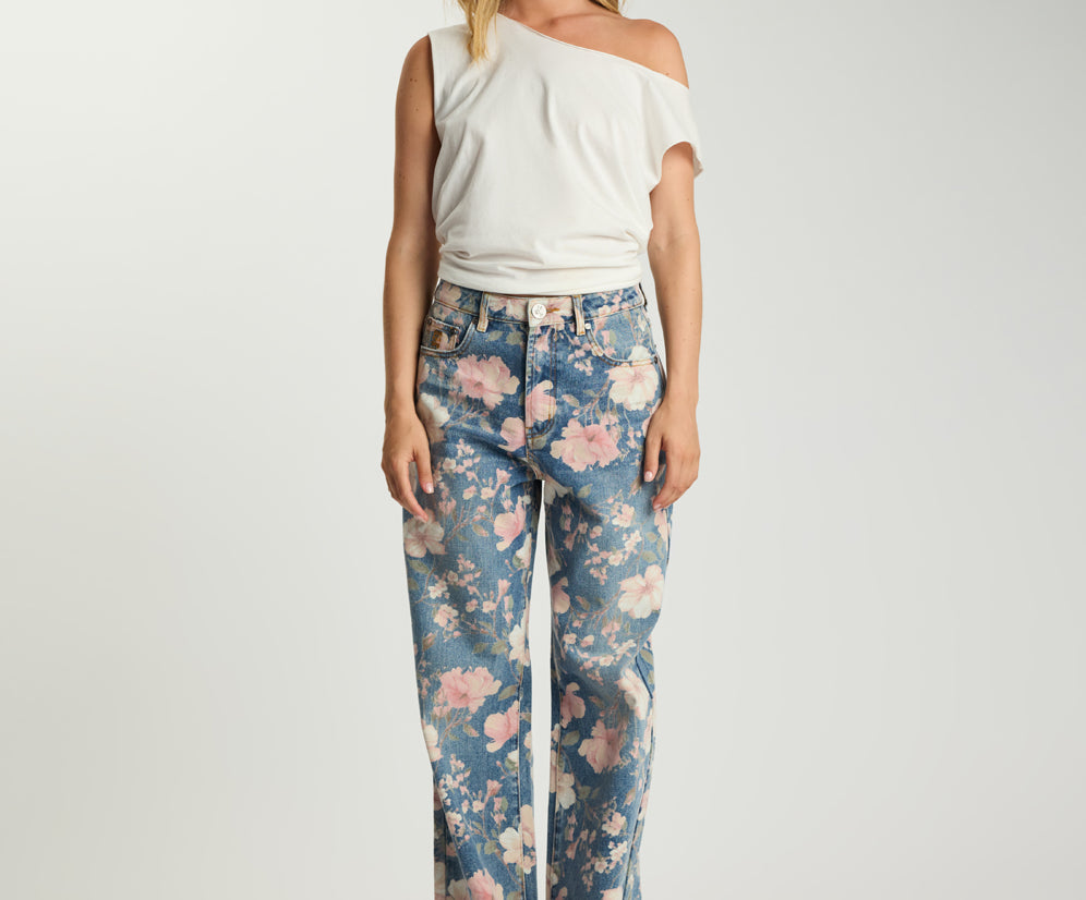 Icon High Waist Straight Leg Denim Jeans - Floral Bloom Cobaine Blue