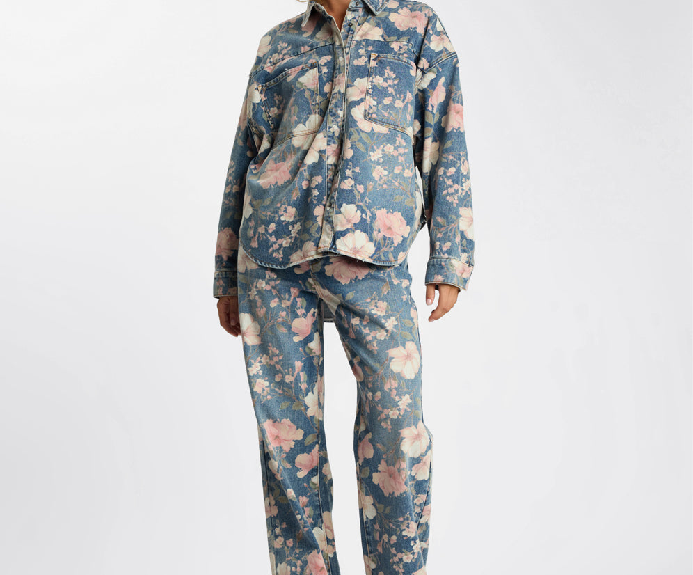 Icon High Waist Straight Leg Denim Jeans - Floral Bloom Cobaine Blue