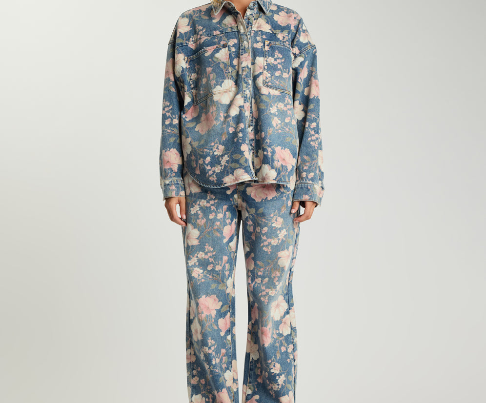 Icon High Waist Straight Leg Denim Jeans - Floral Bloom Cobaine Blue