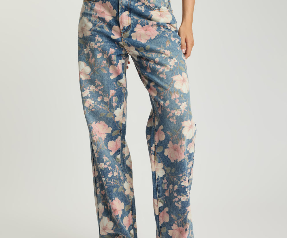 Icon High Waist Straight Leg Denim Jeans - Floral Bloom Cobaine Blue