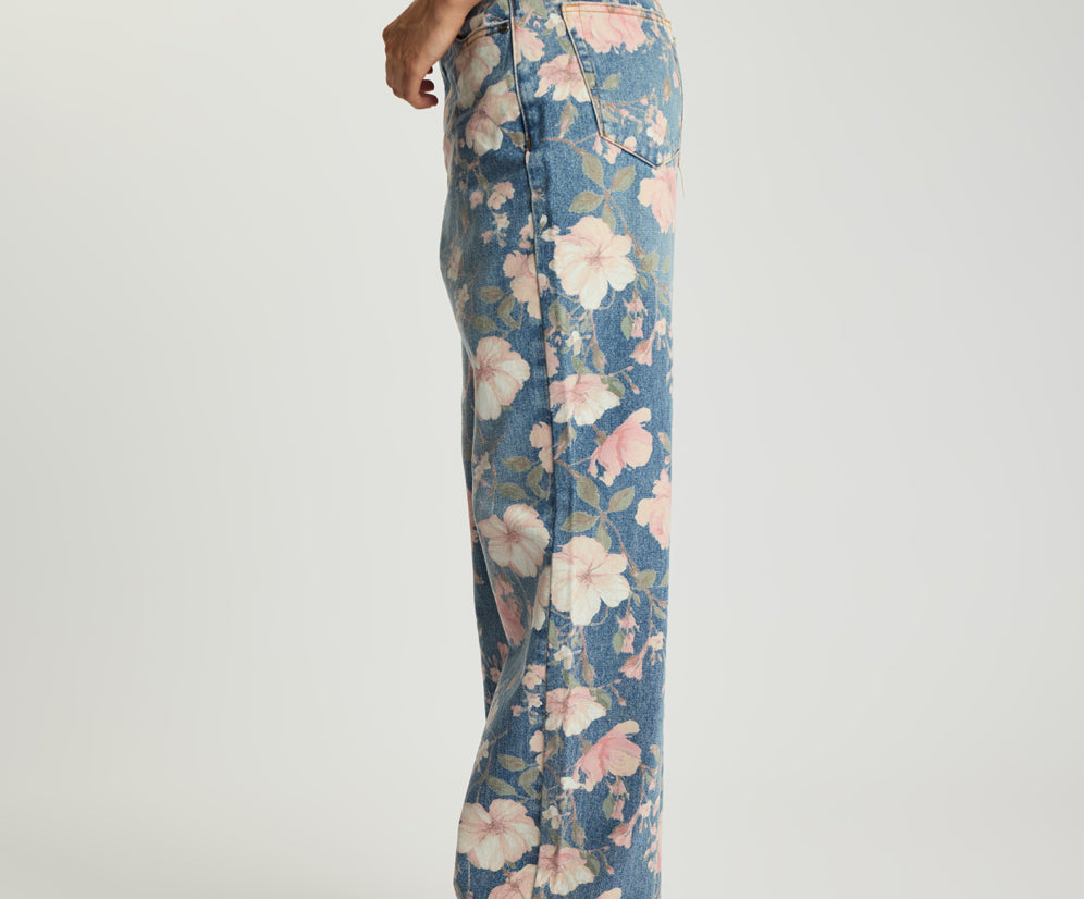 Icon High Waist Straight Leg Denim Jeans - Floral Bloom Cobaine Blue