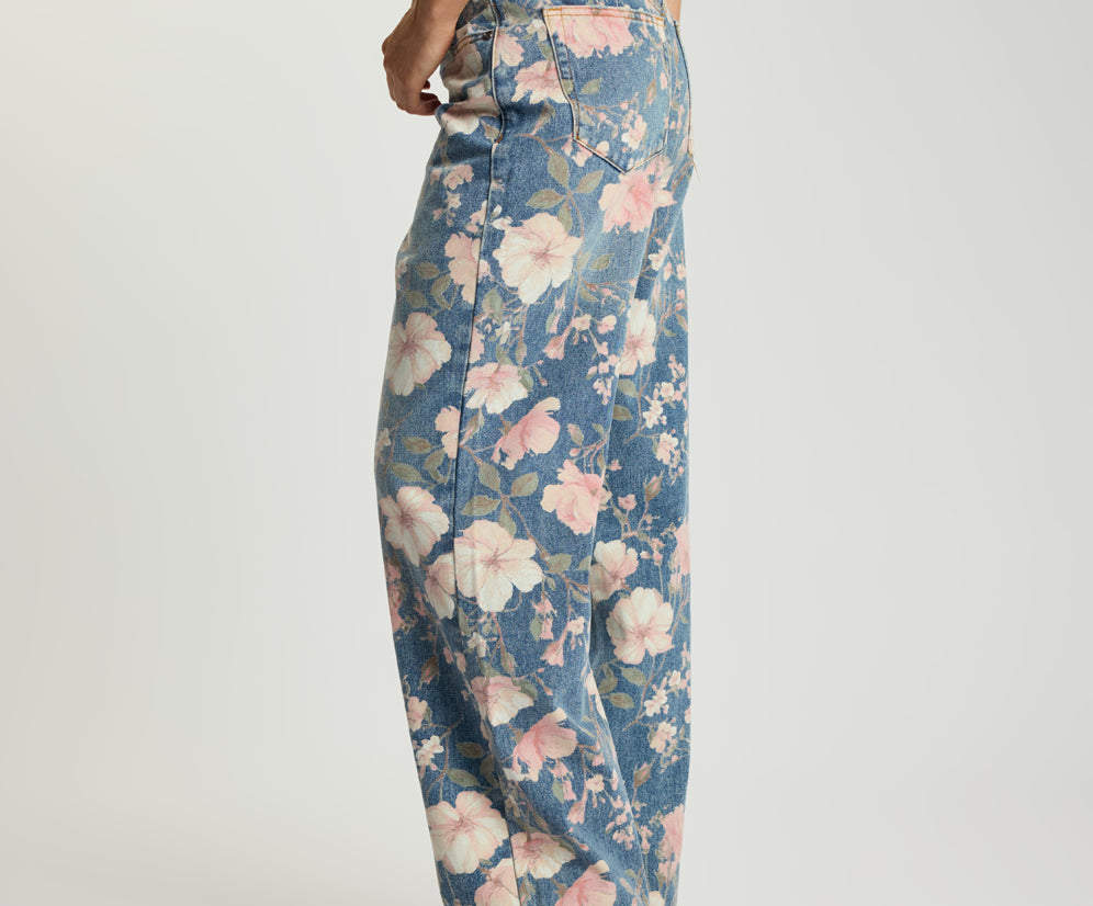Icon High Waist Straight Leg Denim Jeans - Floral Bloom Cobaine Blue