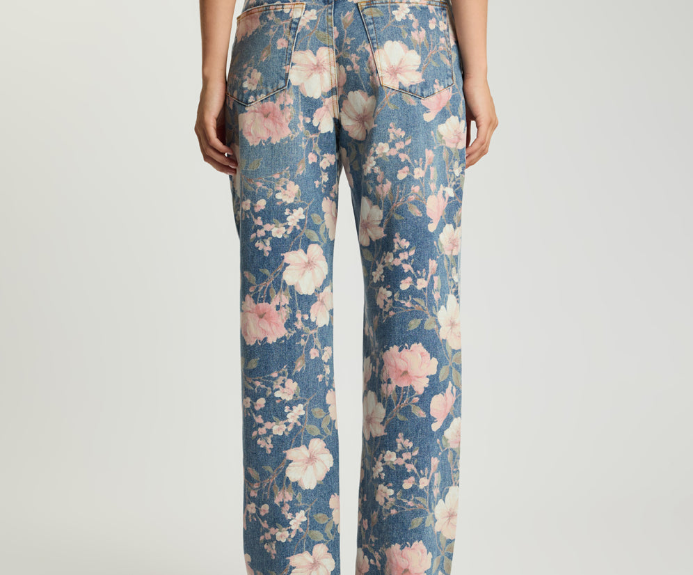 Icon High Waist Straight Leg Denim Jeans - Floral Bloom Cobaine Blue