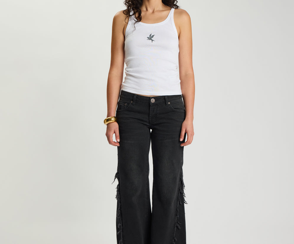 Johnnies Low Waist Wide Leg Flared Denim Jeans - Smokey Black