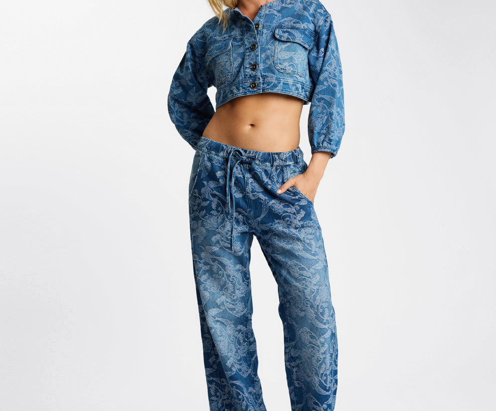 Roadhouse Mid Waist Wide Leg Drawstring Denim Jeans - Soaring Jacquard Blue