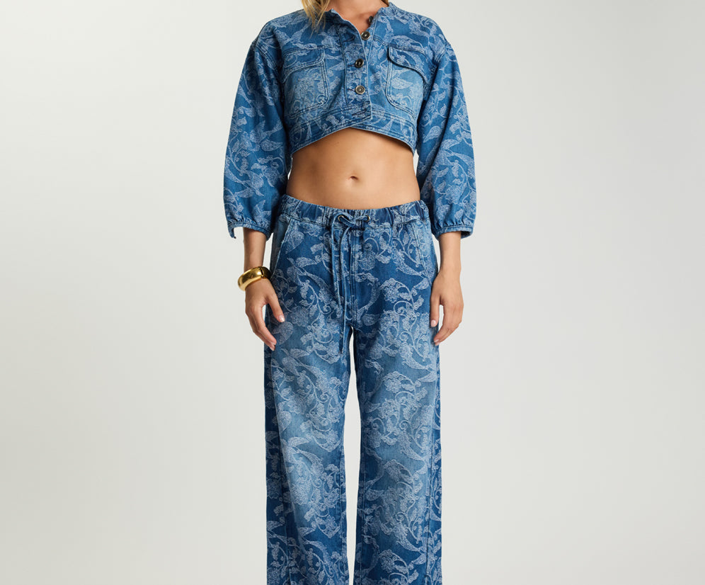 Roadhouse Mid Waist Wide Leg Drawstring Denim Jeans - Soaring Jacquard Blue