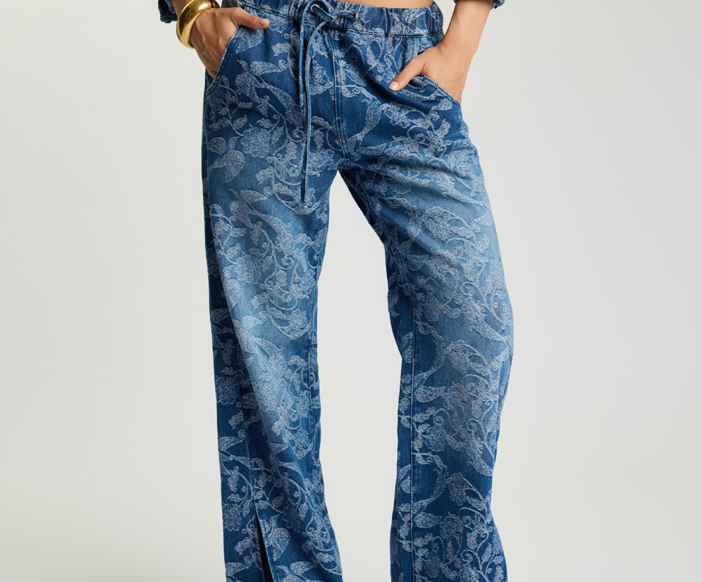 Roadhouse Mid Waist Wide Leg Drawstring Denim Jeans - Soaring Jacquard Blue