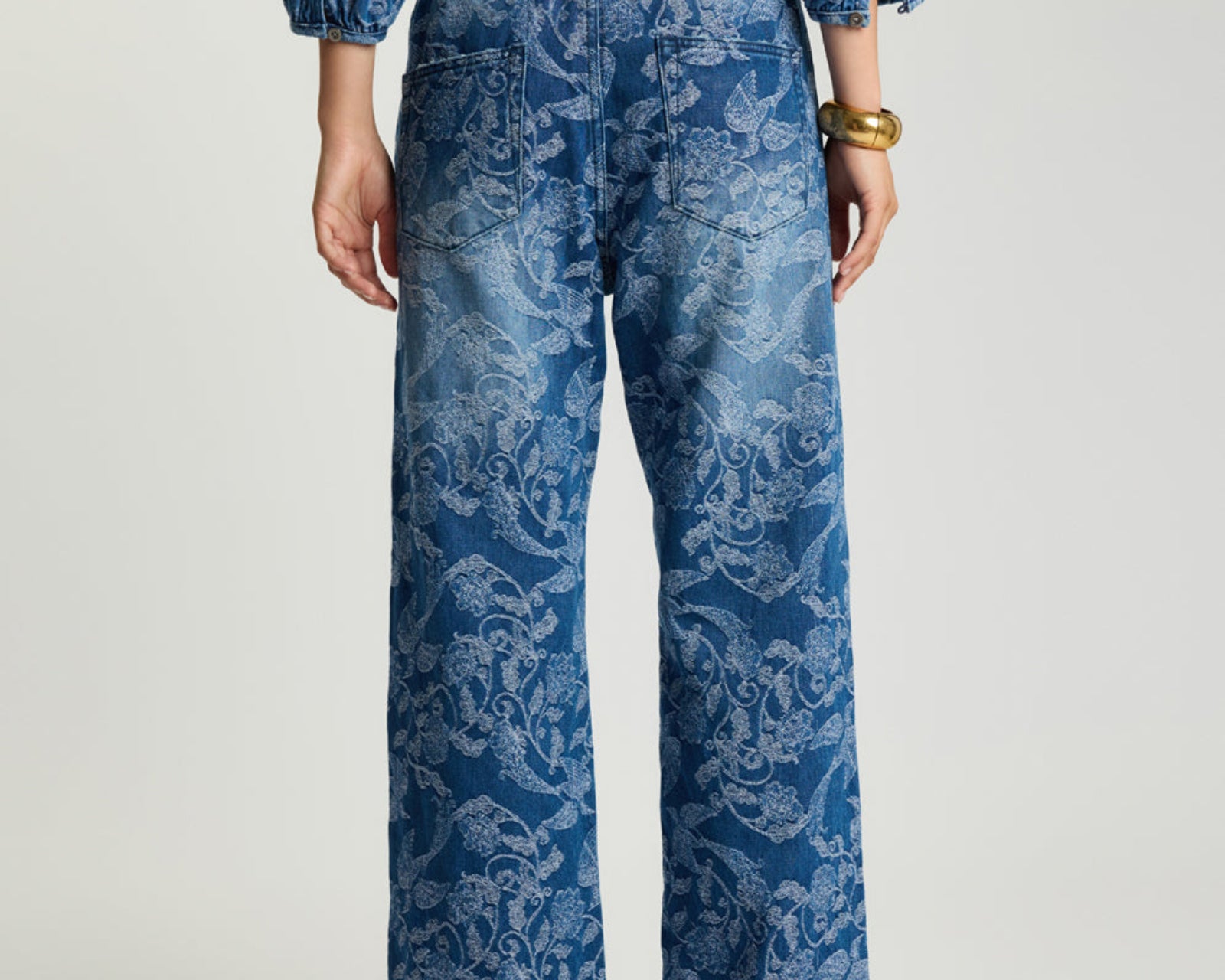 Roadhouse Mid Waist Wide Leg Drawstring Denim Jeans - Soaring Jacquard Blue