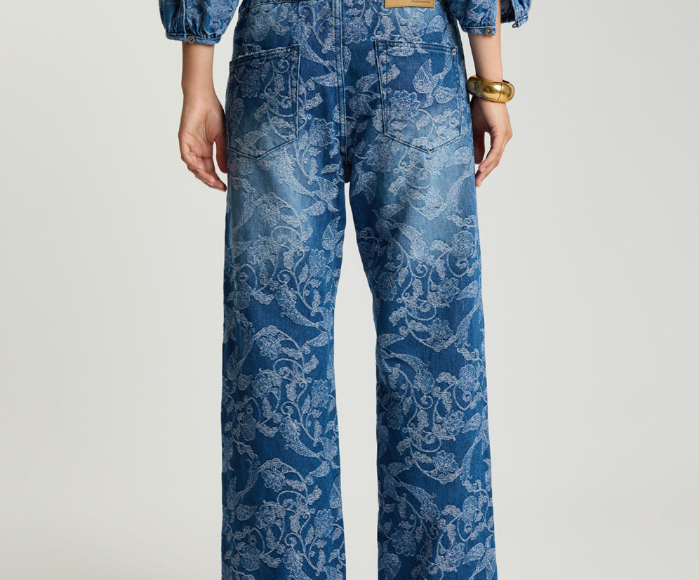 Roadhouse Mid Waist Wide Leg Drawstring Denim Jeans - Soaring Jacquard Blue