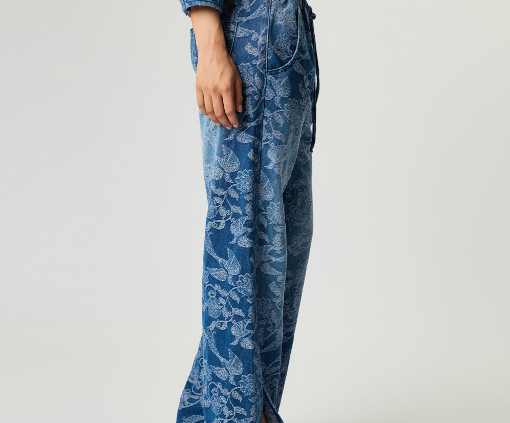 Roadhouse Mid Waist Wide Leg Drawstring Denim Jeans - Soaring Jacquard Blue