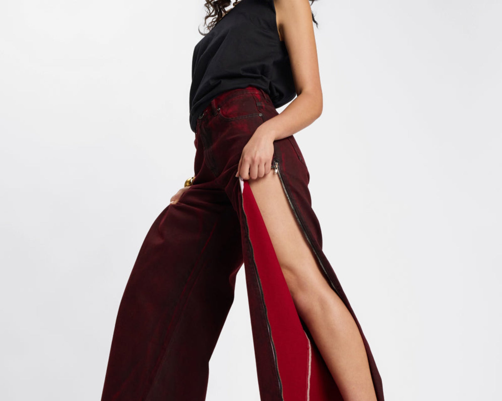 Jackson Mid Waist Wide Leg Denim Jeans - Oil Stained Maroon