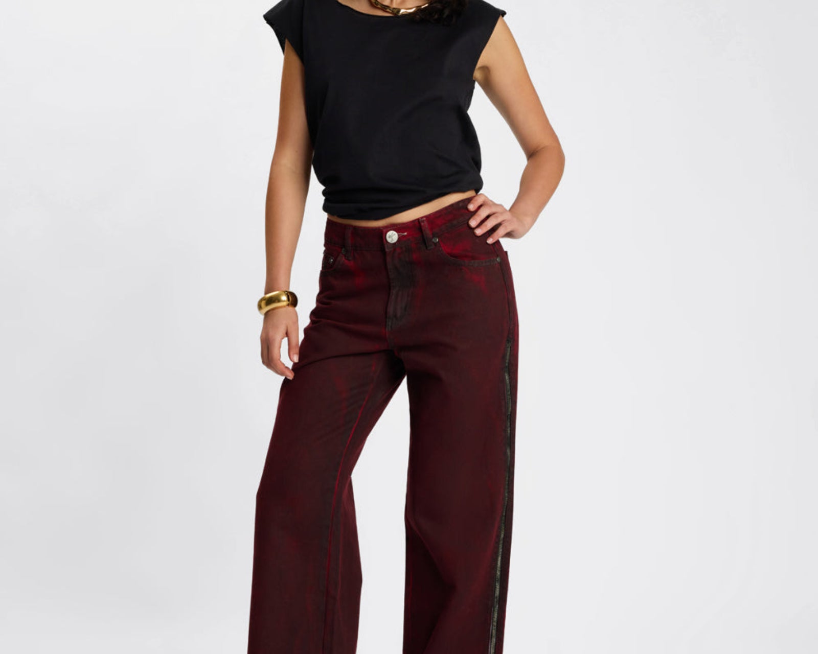 Jackson Mid Waist Wide Leg Denim Jeans - Oil Stained Maroon