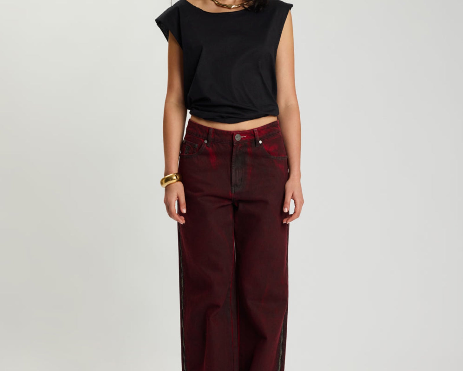 Jackson Mid Waist Wide Leg Denim Jeans - Oil Stained Maroon