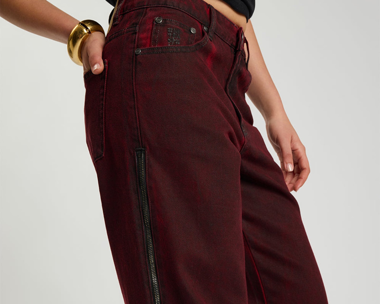 Jackson Mid Waist Wide Leg Denim Jeans - Oil Stained Maroon
