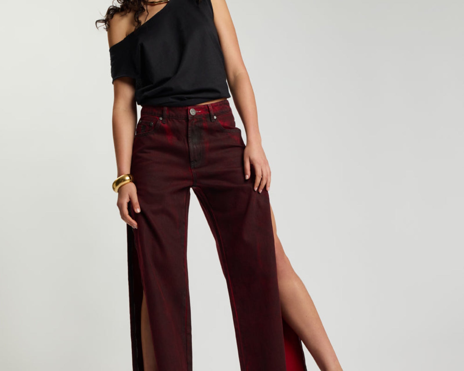 Jackson Mid Waist Wide Leg Denim Jeans - Oil Stained Maroon