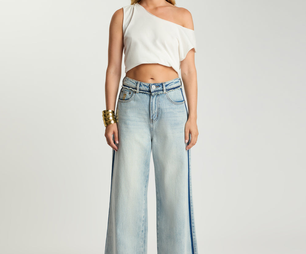 Love Machines Mid Waist Super Wide Leg Denim Jeans - Split Party Contrast Blue