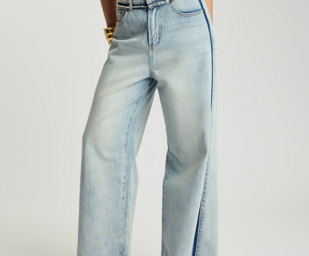 Love Machines Mid Waist Super Wide Leg Denim Jeans - Split Party Contrast Blue