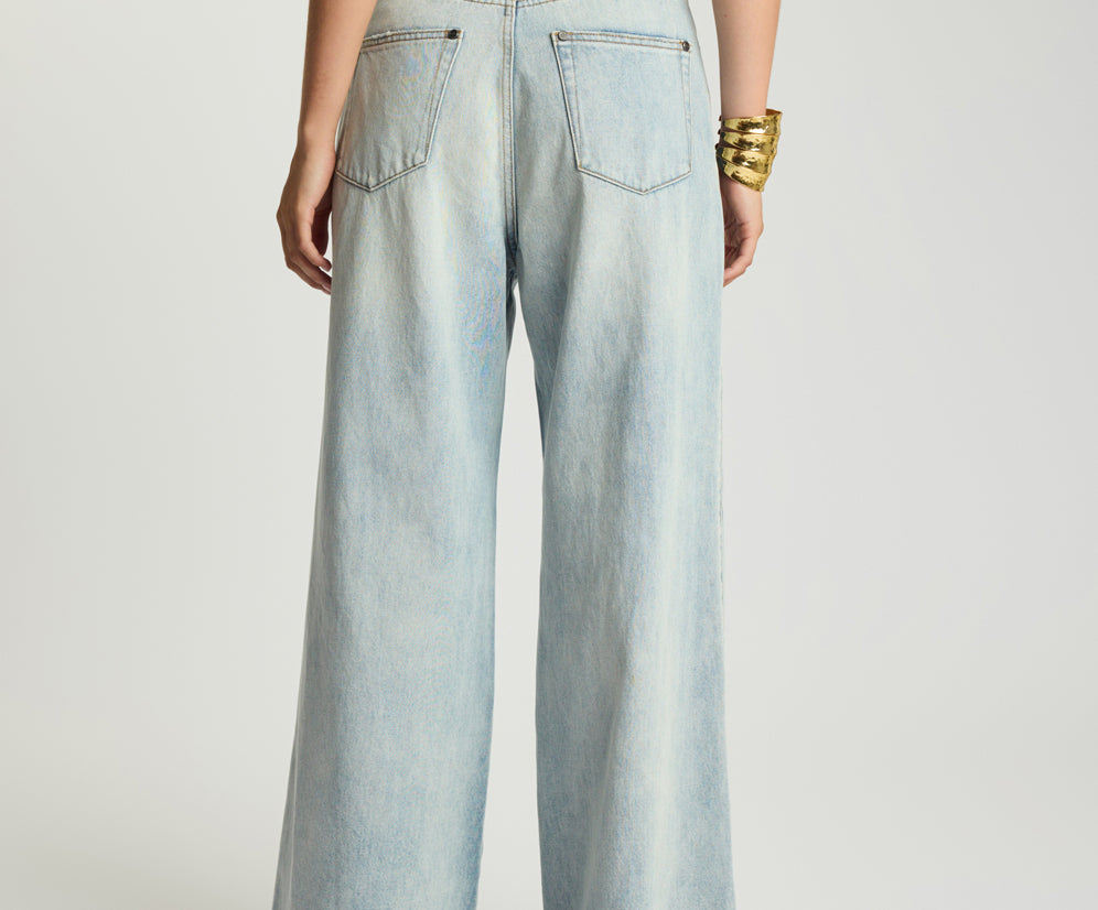 Love Machines Mid Waist Super Wide Leg Denim Jeans - Split Party Contrast Blue