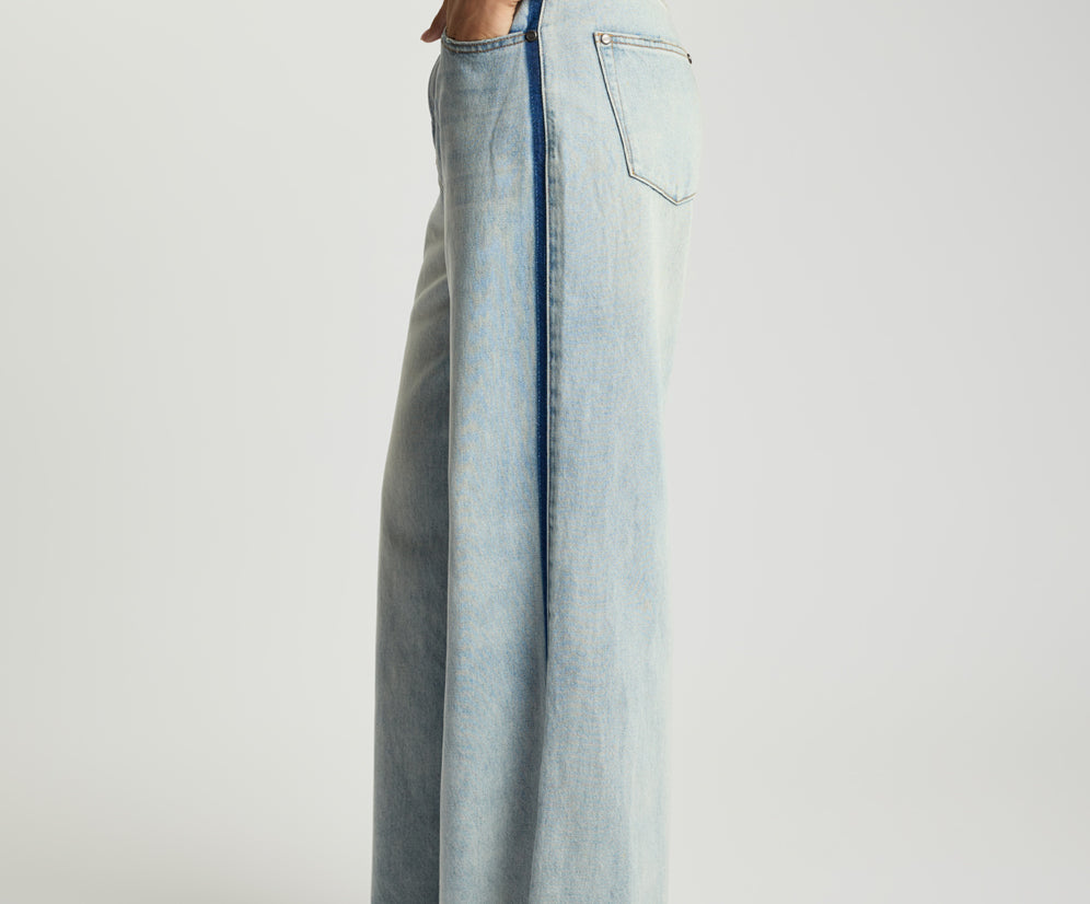 Love Machines Mid Waist Super Wide Leg Denim Jeans - Split Party Contrast Blue