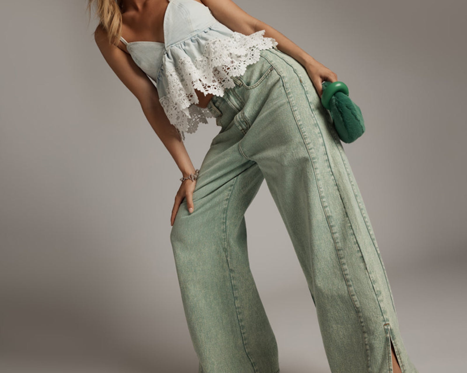 Love Machines Mid Waist Super Wide Leg Denim Jeans - Seaglass Green