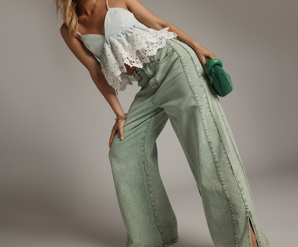 Love Machines Mid Waist Super Wide Leg Denim Jeans - Seaglass Green