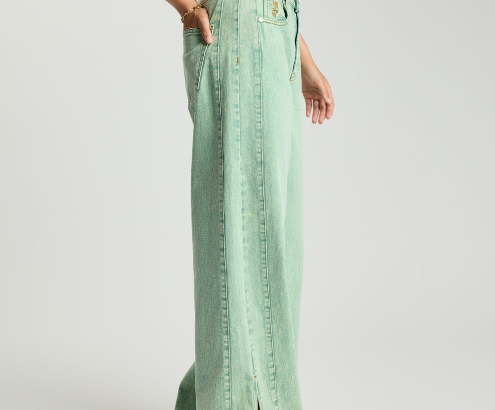 Love Machines Mid Waist Super Wide Leg Denim Jeans - Seaglass Green