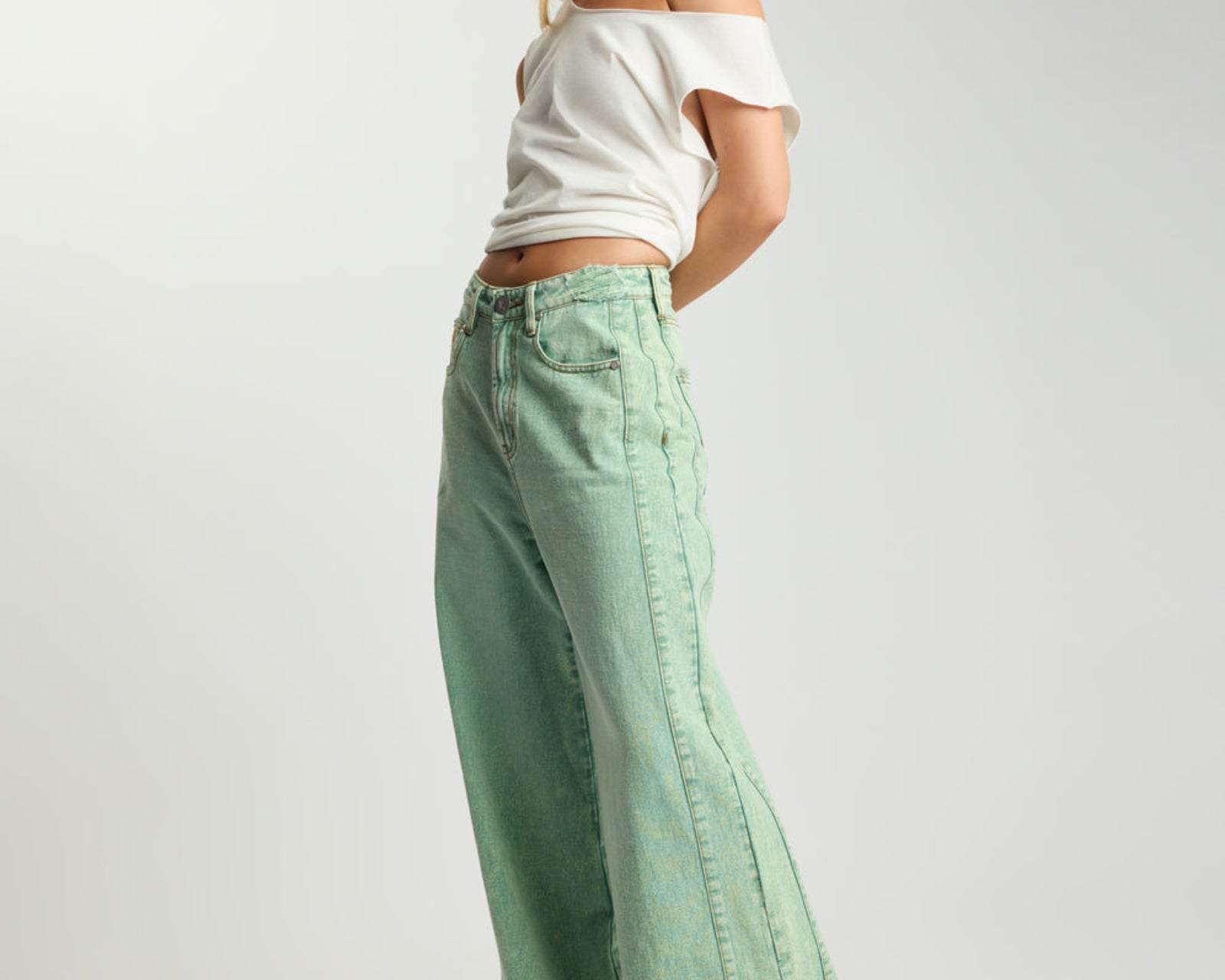 Love Machines Mid Waist Super Wide Leg Denim Jeans - Seaglass Green
