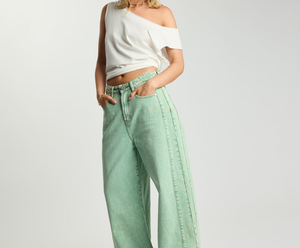 Love Machines Mid Waist Super Wide Leg Denim Jeans - Seaglass Green