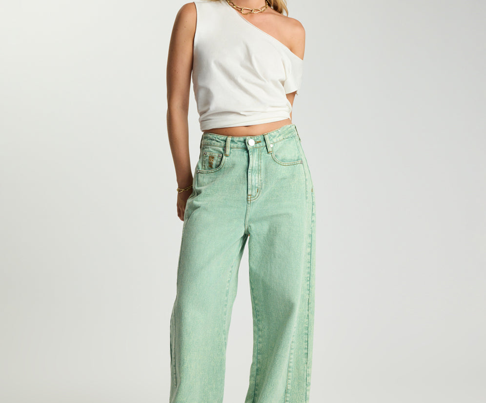 Love Machines Mid Waist Super Wide Leg Denim Jeans - Seaglass Green