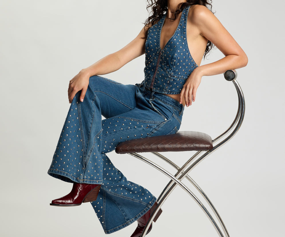 Chrome Edge Mid Waist Flared Studded Denim Jeans - Eclipse Blue