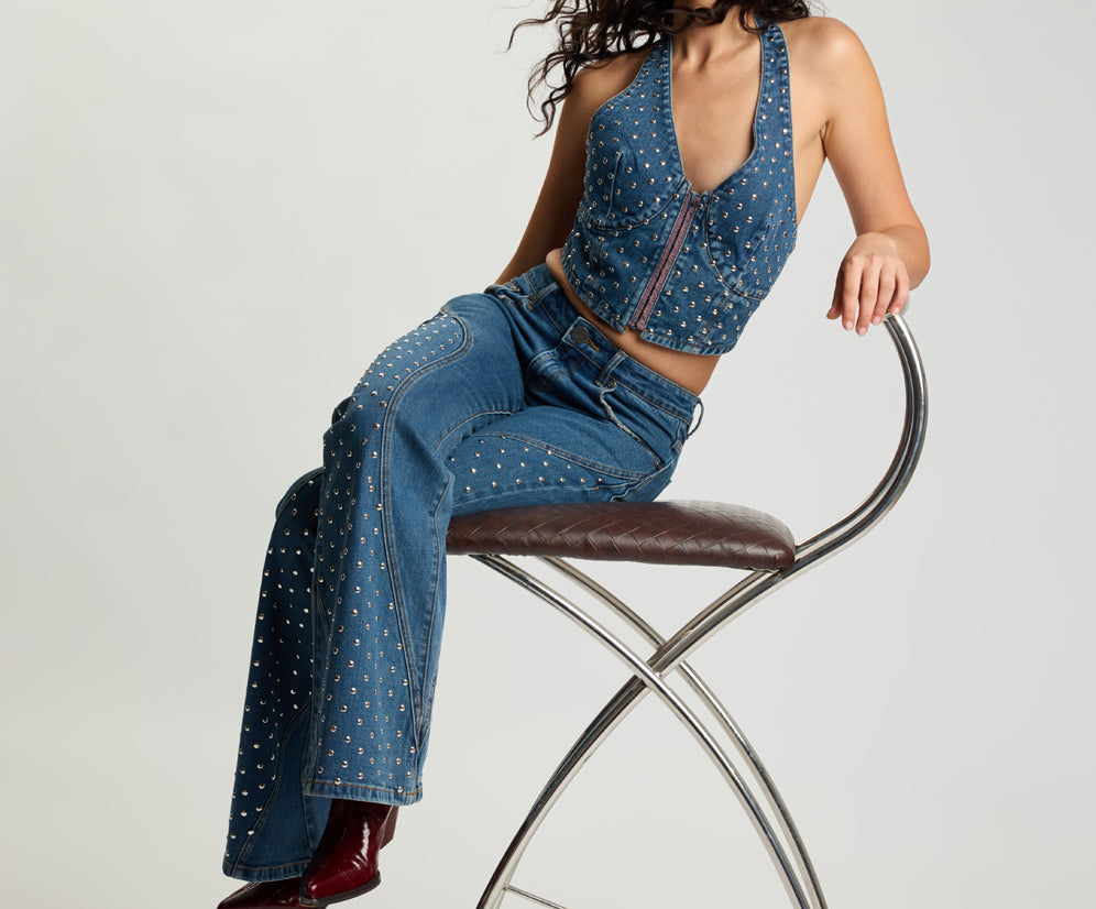 Chrome Edge Mid Waist Flared Studded Denim Jeans - Eclipse Blue