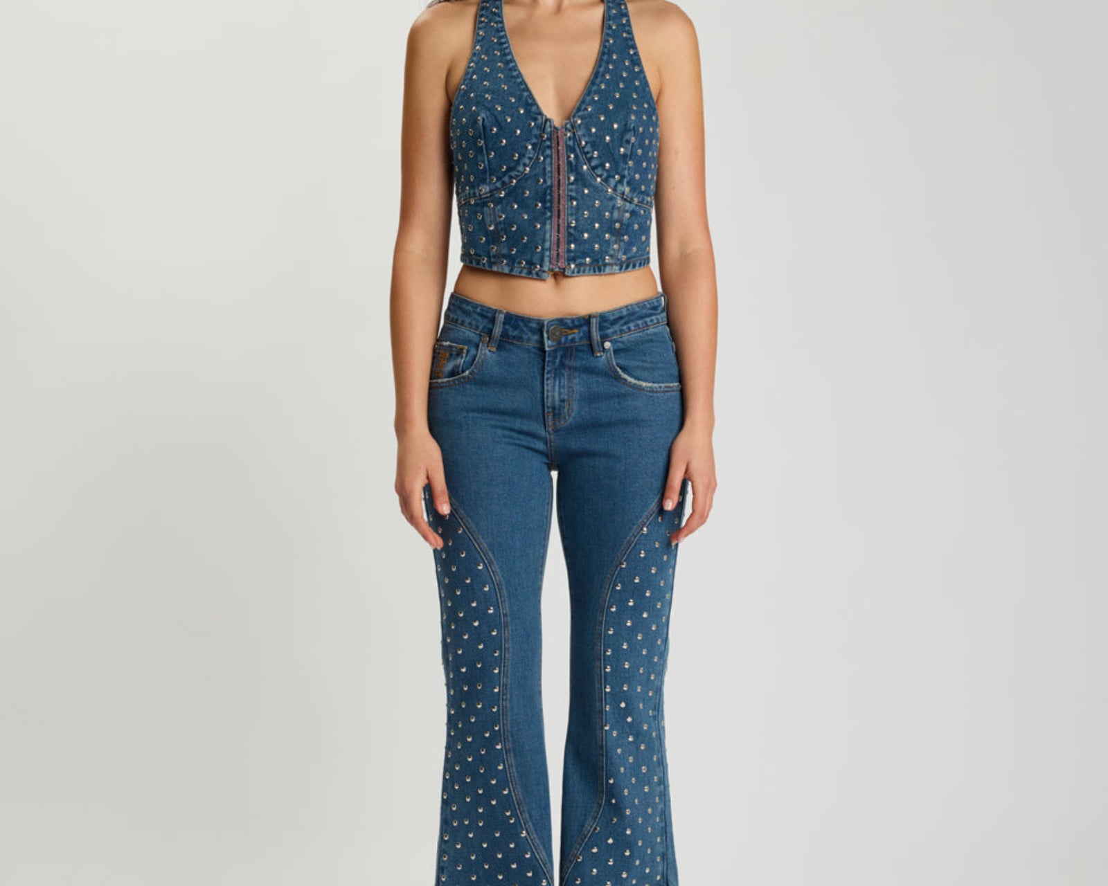 Chrome Edge Mid Waist Flared Studded Denim Jeans - Eclipse Blue