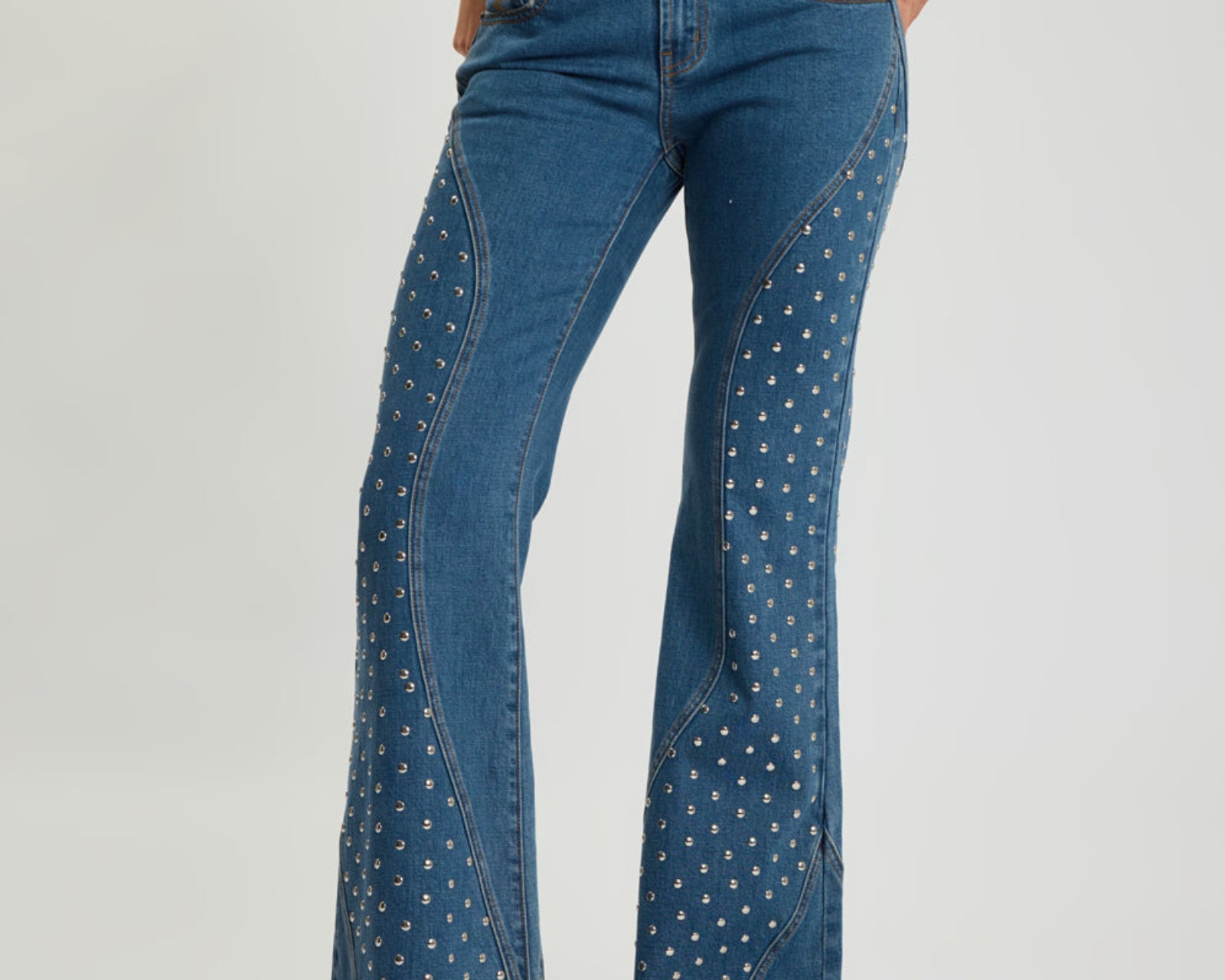 Chrome Edge Mid Waist Flared Studded Denim Jeans - Eclipse Blue