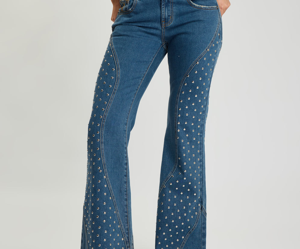 Chrome Edge Mid Waist Flared Studded Denim Jeans - Eclipse Blue